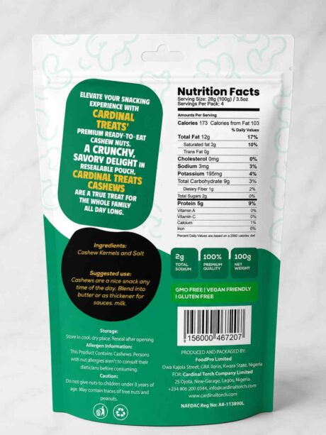 Cardinal Treats Salted Cashew Kernels 100g premium roasted salted cashew nuts in a resealable container.