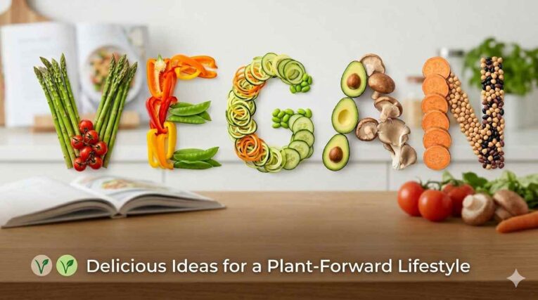 Colourful vegan and vegetarian meal ingredients featuring rice, lentils, beans, vegetables, plantain, noodles, spices, and world foods arranged on a kitchen table, showcasing easy everyday meal ideas for healthy plant-based eating.