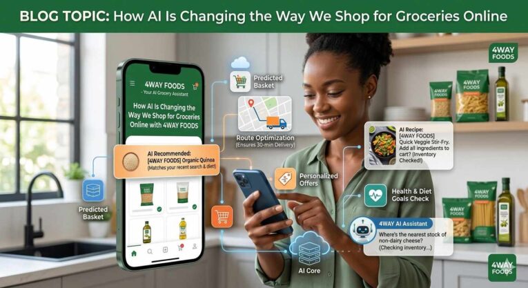 Modern online grocery shopping interface with AI-powered recommendations, digital shopping lists, pantry staples, and smart grocery technology