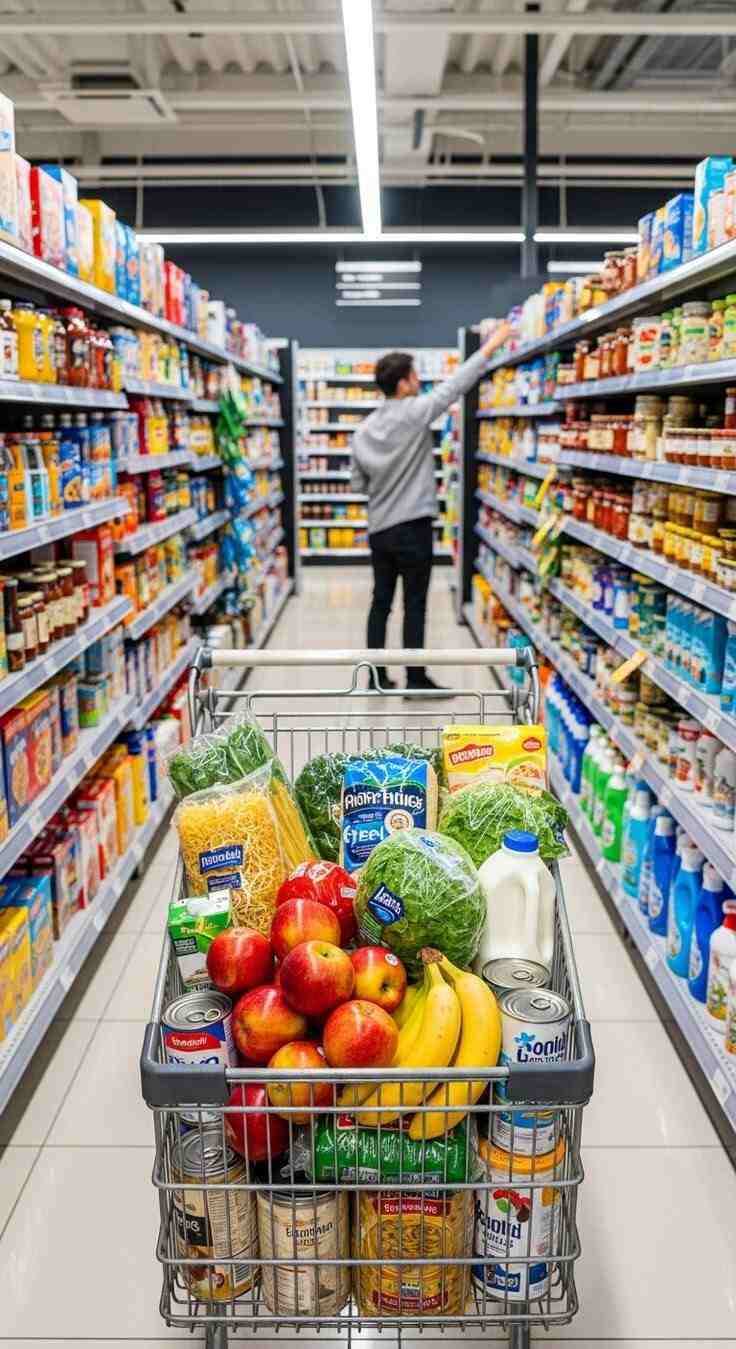 Bulk grocery shopping essentials including rice bags, noodles, cooking oil, beans, tinned foods, and snacks arranged on a kitchen counter