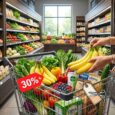 A family grocery shopping on a budget with pantry staples including rice, pasta, cooking oil, vegetables, and household essentials, highlighting smart ways to cut grocery costs without sacrificing quality.
