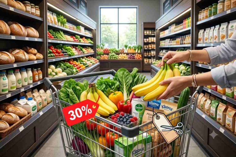 A family grocery shopping on a budget with pantry staples including rice, pasta, cooking oil, vegetables, and household essentials, highlighting smart ways to cut grocery costs without sacrificing quality.