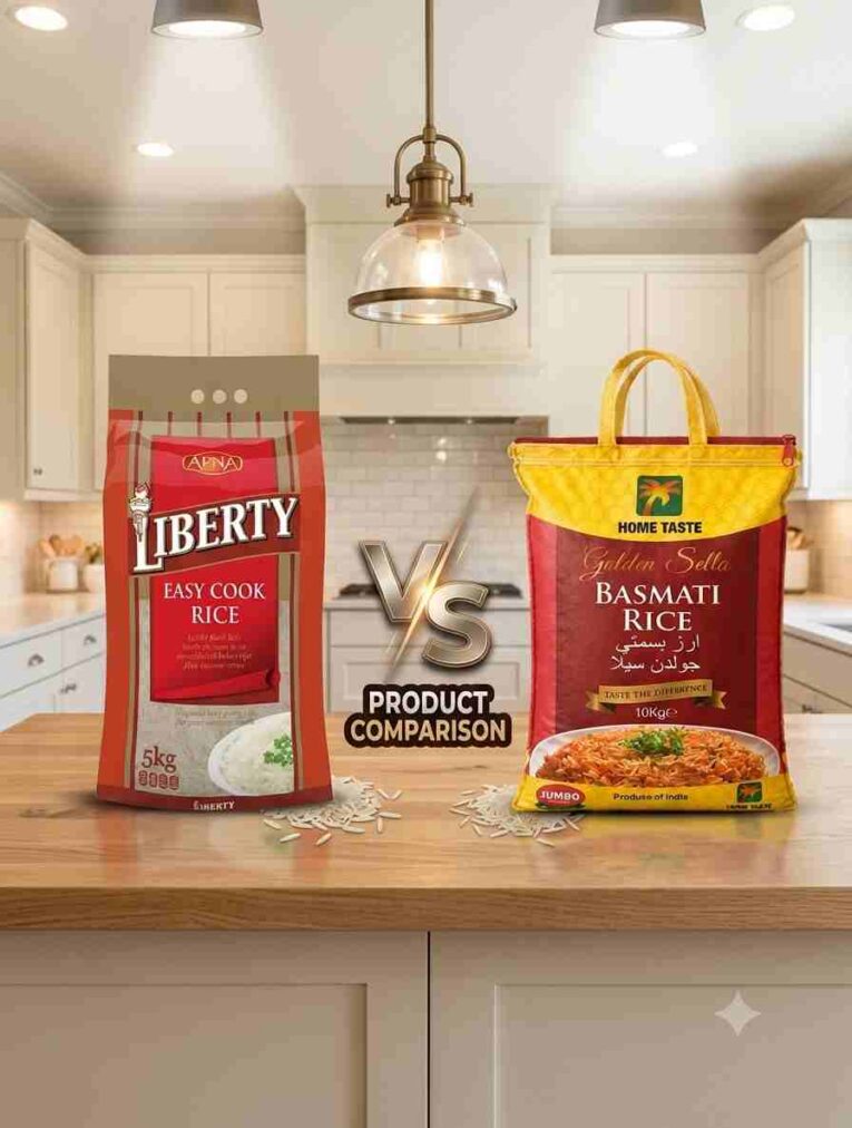 Comparison of premium basmati rice and easy-cook long grain rice with popular brands including Tilda, Laila, Home Taste, Ayoola, White Pearl, and Aani available at 4Way Foods UK.