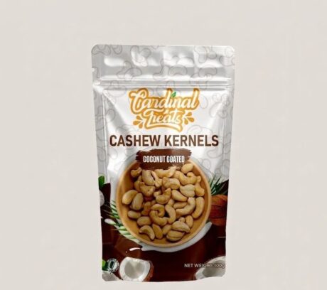 Cardinal Treats Coconut Coated Cashew Kernels 100g premium roasted cashews coated with sweet candied coconut in a resealable container.