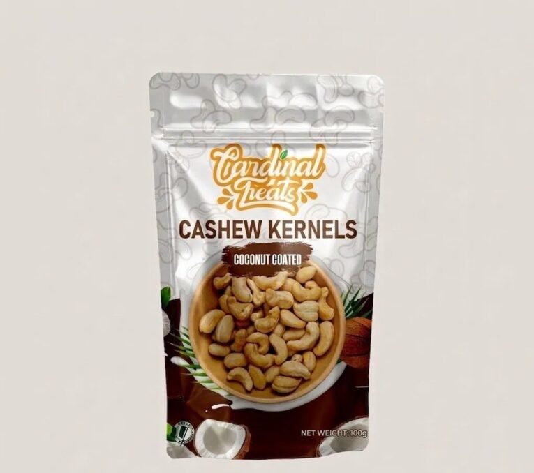Cardinal Treats Coconut Coated Cashew Kernels 100g premium roasted cashews coated with sweet candied coconut in a resealable container.