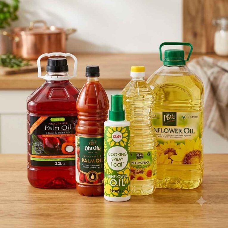 A selection of cooking oils including sunflower oil, palm oil, olive oil, sesame oil, and coconut oil displayed with fresh vegetables, herbs, and cooking ingredients, illustrating the best oils for frying, roasting, baking, and everyday recipes.