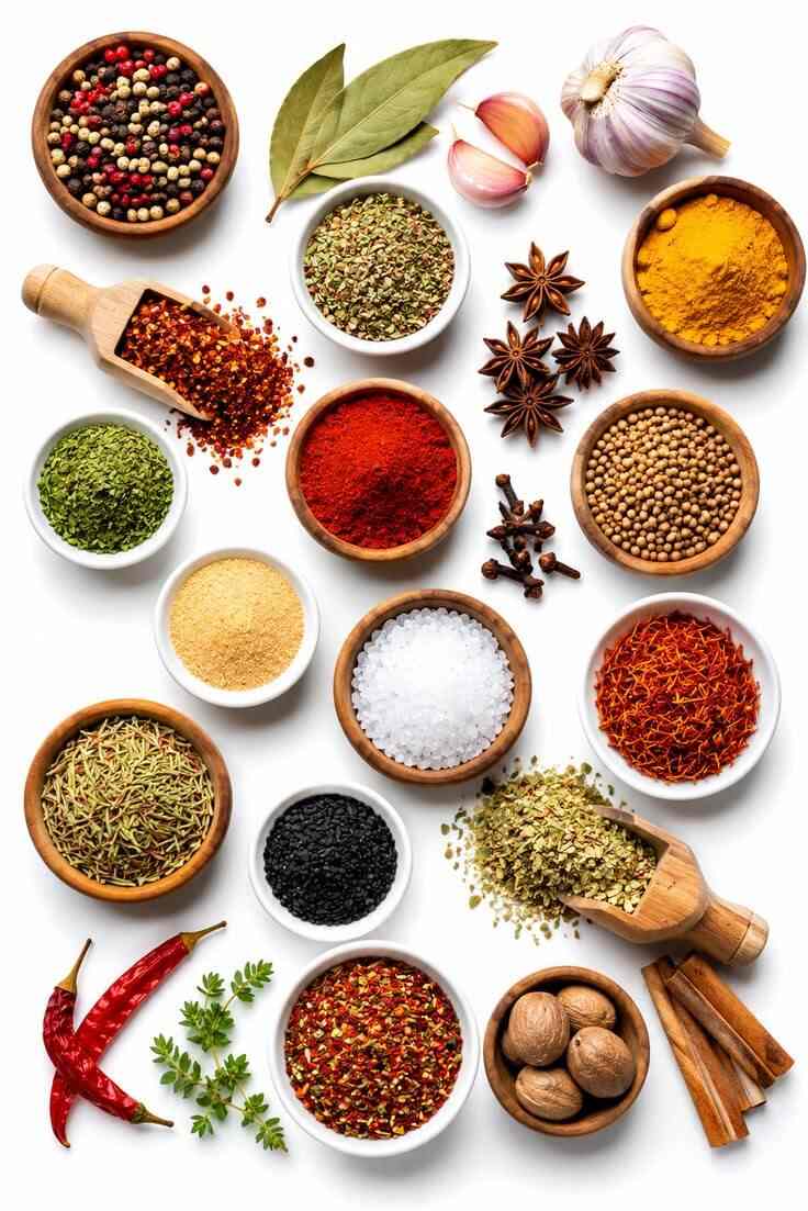 A colourful selection of essential kitchen spices including curry powder, paprika, turmeric, garlic powder, thyme, black pepper, cinnamon, nutmeg, ginger, and cayenne pepper arranged in bowls with fresh herbs, showcasing pantry staples for everyday cooking.