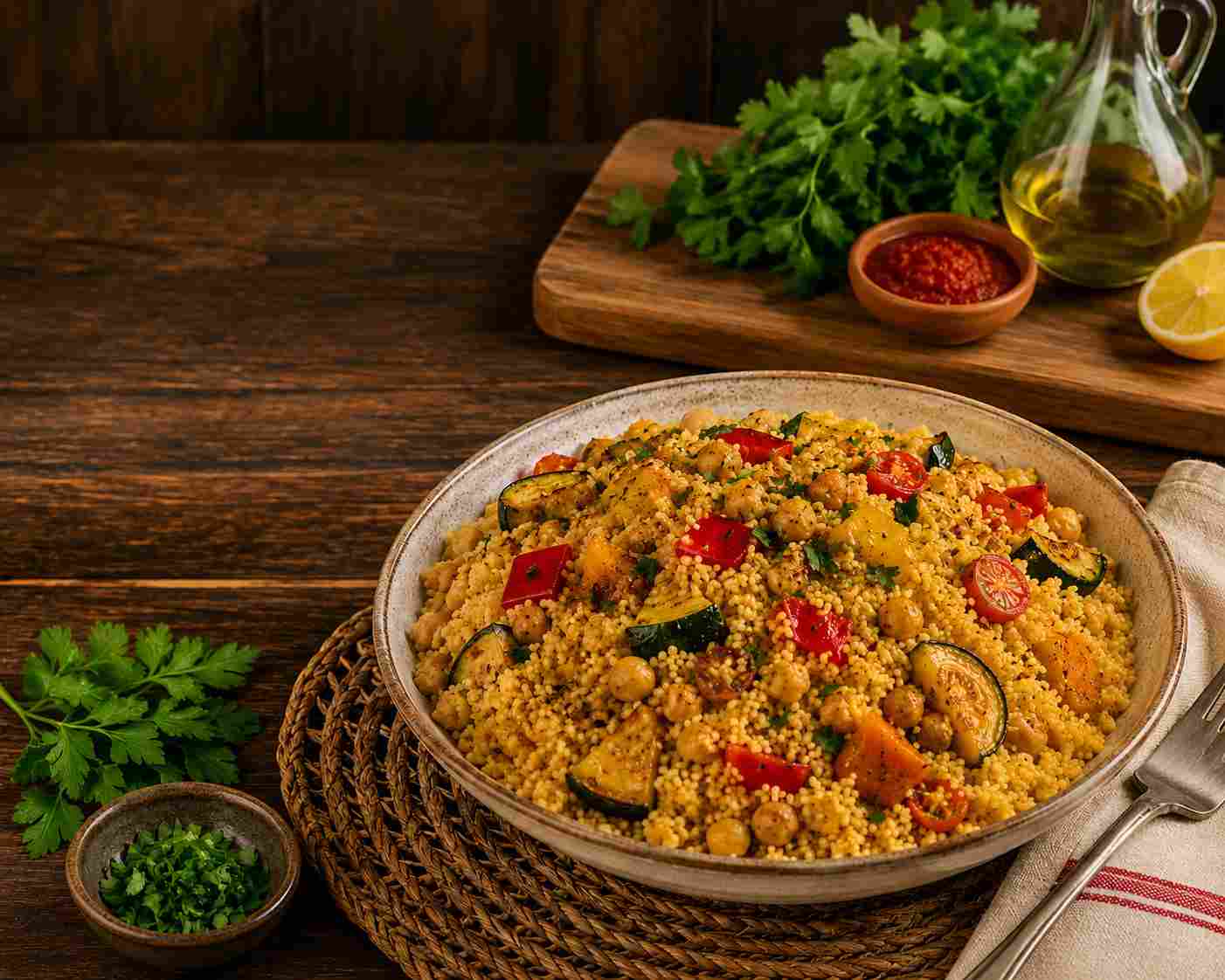 Couscous salad with roasted vegetables and chickpeas served in a bowl