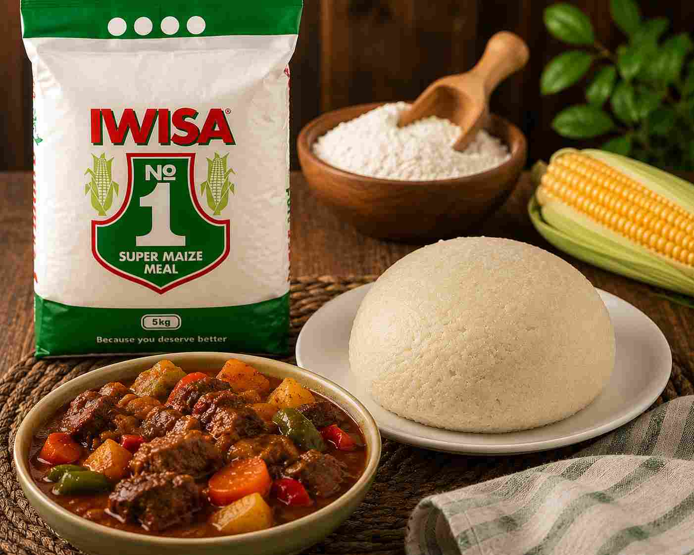 Iwisa Super Maize Meal served with hearty beef stew