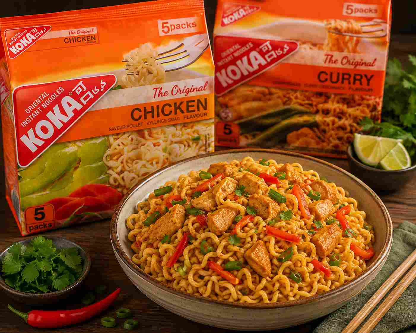 Koka chicken and curry instant noodles served with vegetables and egg