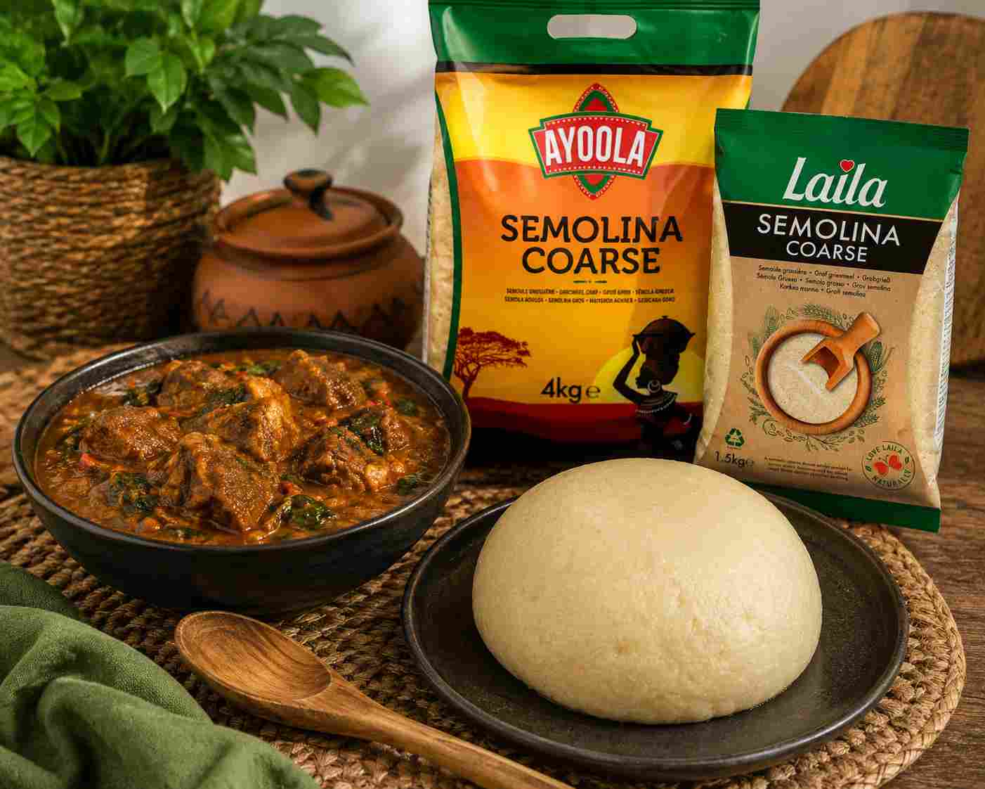 Semolina served with rich Ogbono soup