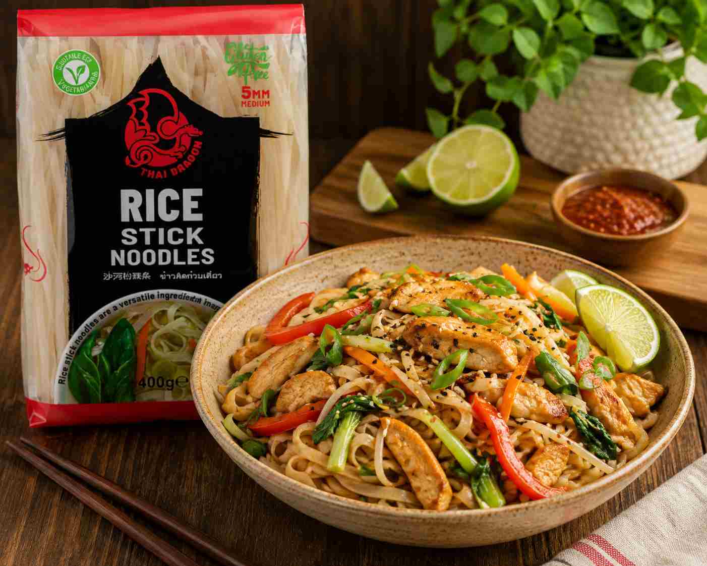 Thai Dragon Rice Stick Noodles served in a colourful vegetable stir fry