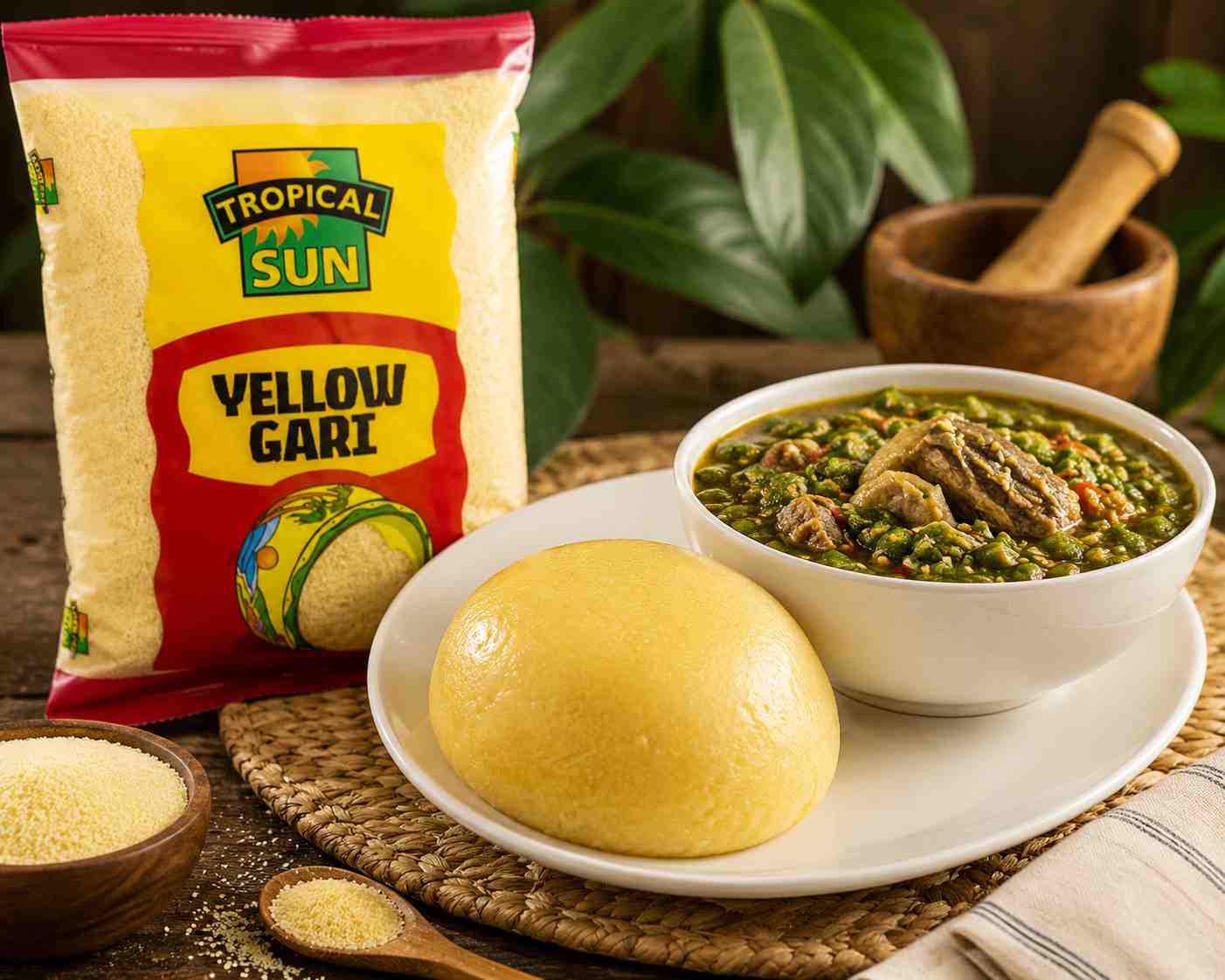 Tropical Sun Yellow Gari served as yellow eba with traditional okra soup